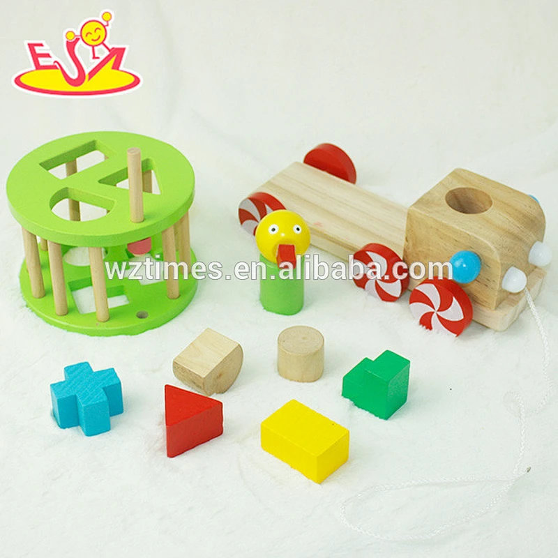 Wholesale cheap product baby wooden string pull toy with shape sort blocks box W05B119
