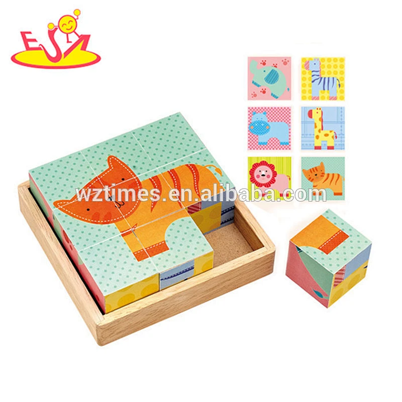 Wholesale hottest baby wooden cube puzzle toy animals shape educational wooden cube puzzle toy W14F018