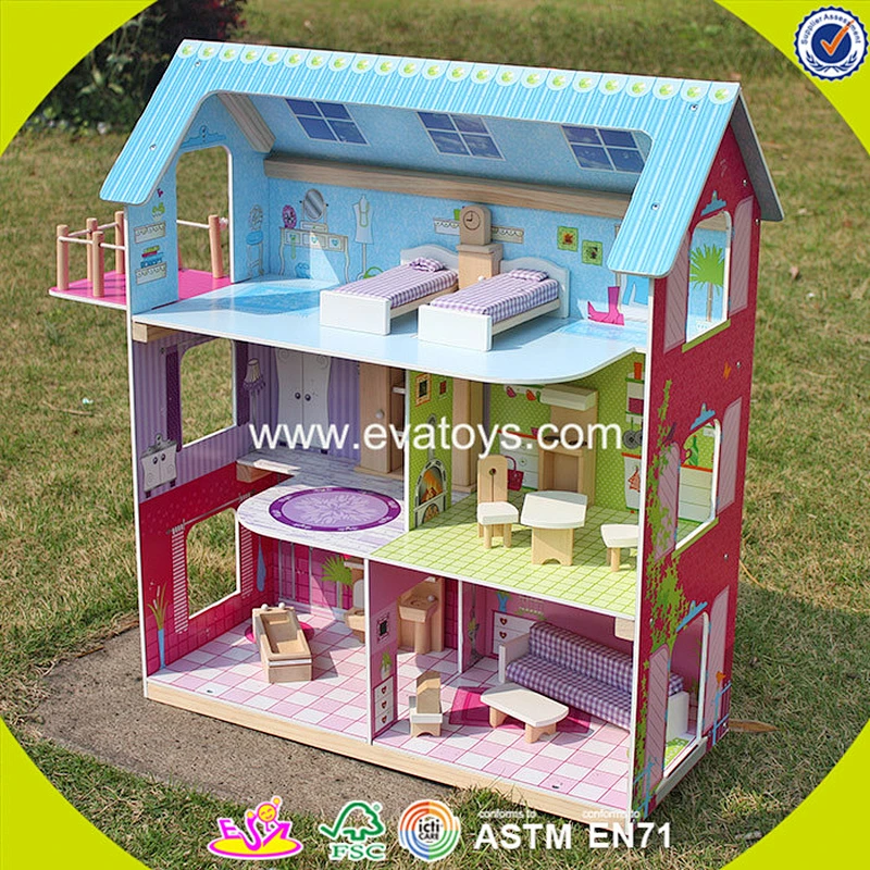 2018 New design pink wooden girls dollhouse top fashion wooden girls dollhouse best wooden girls dollhouse for sale W06A104