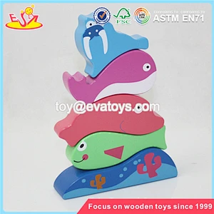 Venta al por mayor de madera lindo apilamiento de bloques de pescado de juguete divertido de madera apilamiento de peces marinos bloques de juguete W13D058