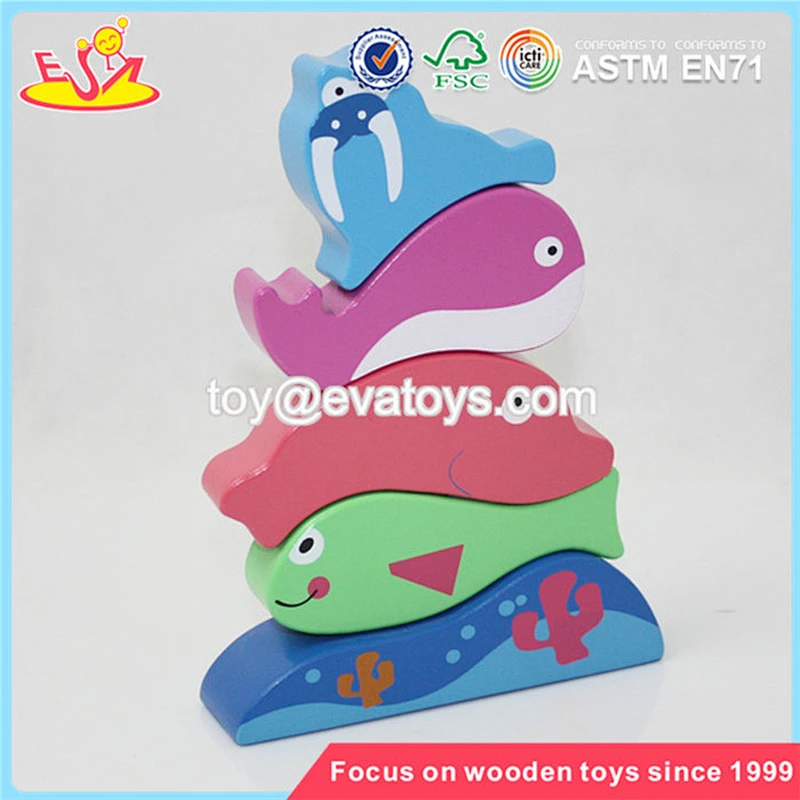 Wholesale cute wooden stacking fish blocks toy funny wooden stacking marine fish blocks toy W13D058