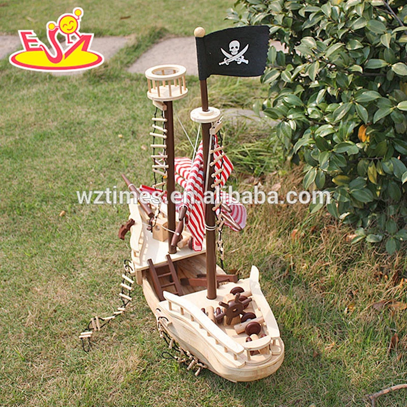 Wholesale DIY 3D baby wooden pirate ship toy handmade kid wooden pirate ship toy W03B001