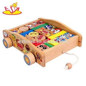 Wholesale high quality educational baby lovely wooden push building blocks cart toy bring fun W13C035