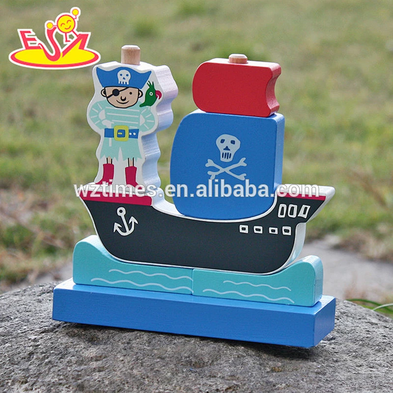 2018 New design pirate boat shape wooden baby stacking toys for education W13D134