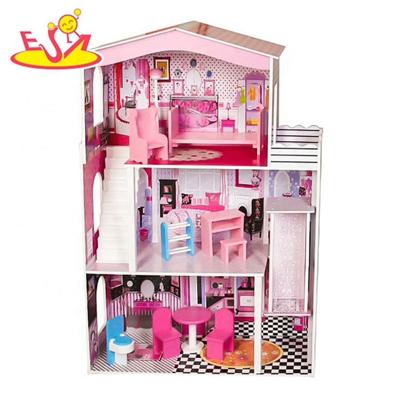 New arrival pretend wooden pink dollhouse for girls W06A355