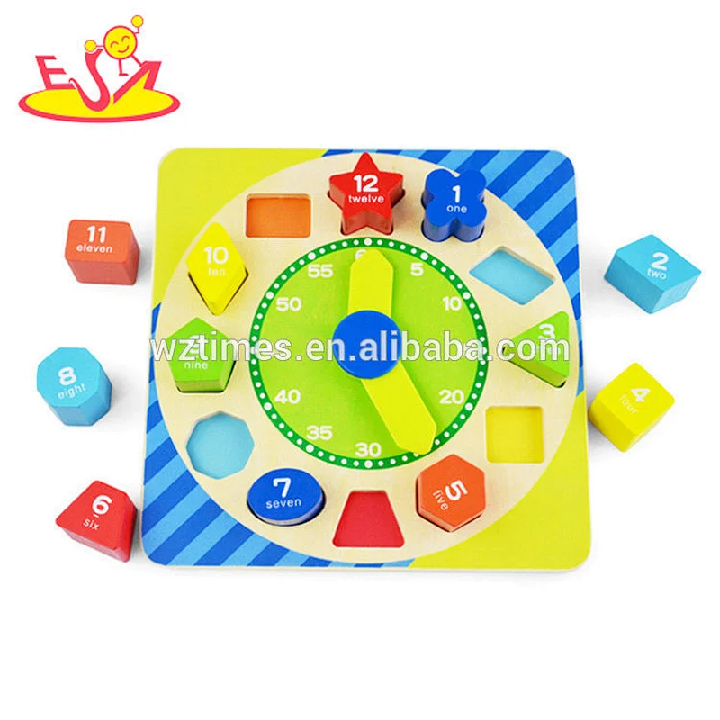 Wholesale educational puzzle wooden block clock toy for kids W14K047