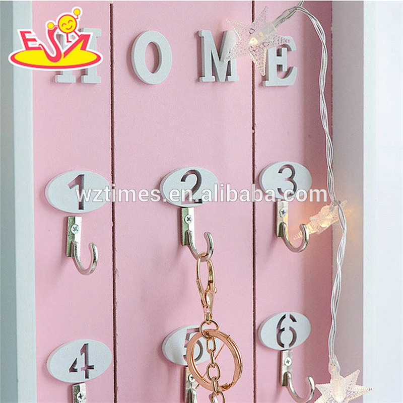 Wholesale houseware conveniently wooden pink wall shelf key holder with 6 hooks W08C260