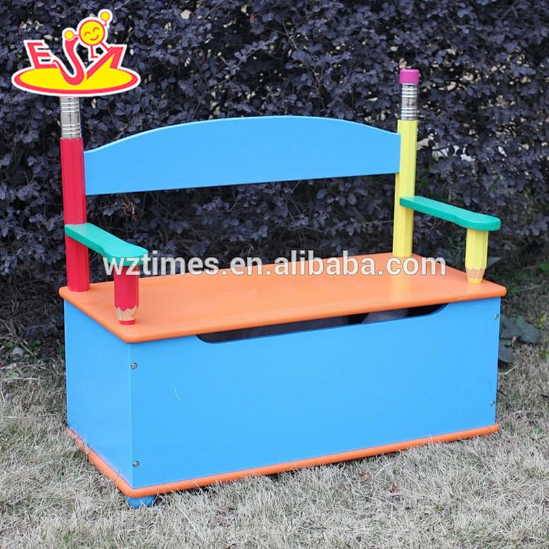 Wholesale cute baby wooden storage bench with handrail used in home or playground W08C061
