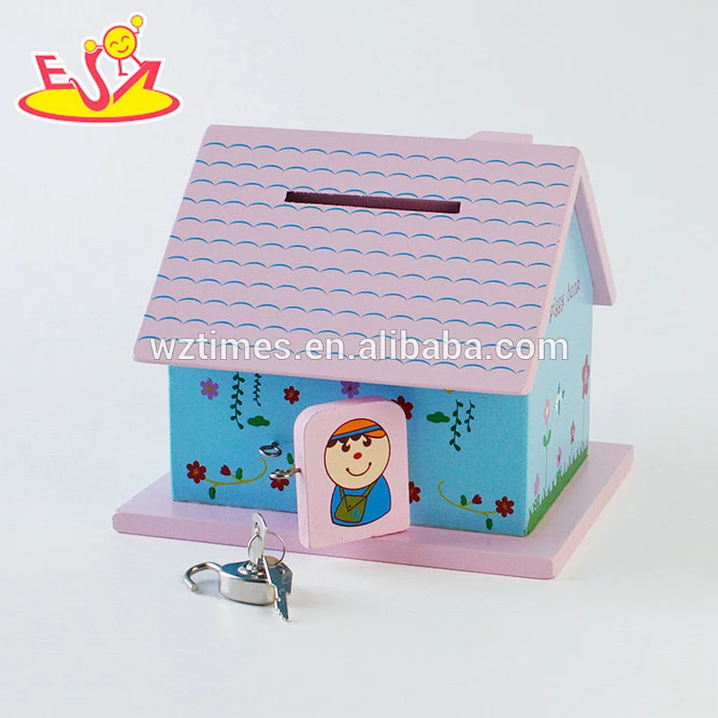 Wholesale top fashion wooden house money box for children storing coins W02A278