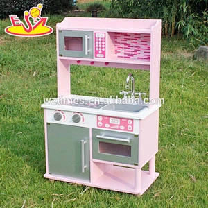top quality play simulation wooden toy kitchen with stainless steel accessories W10C103