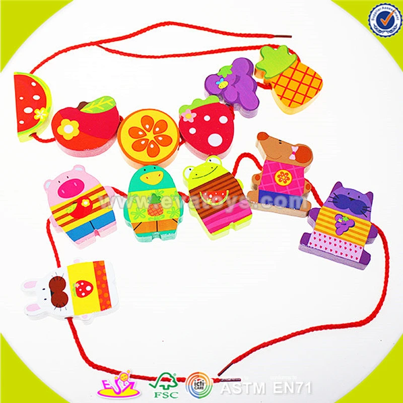 wholesale wooden happy threading toy for Kids, beautiful DIY wooden multitype blocks threading toy for children W11E041