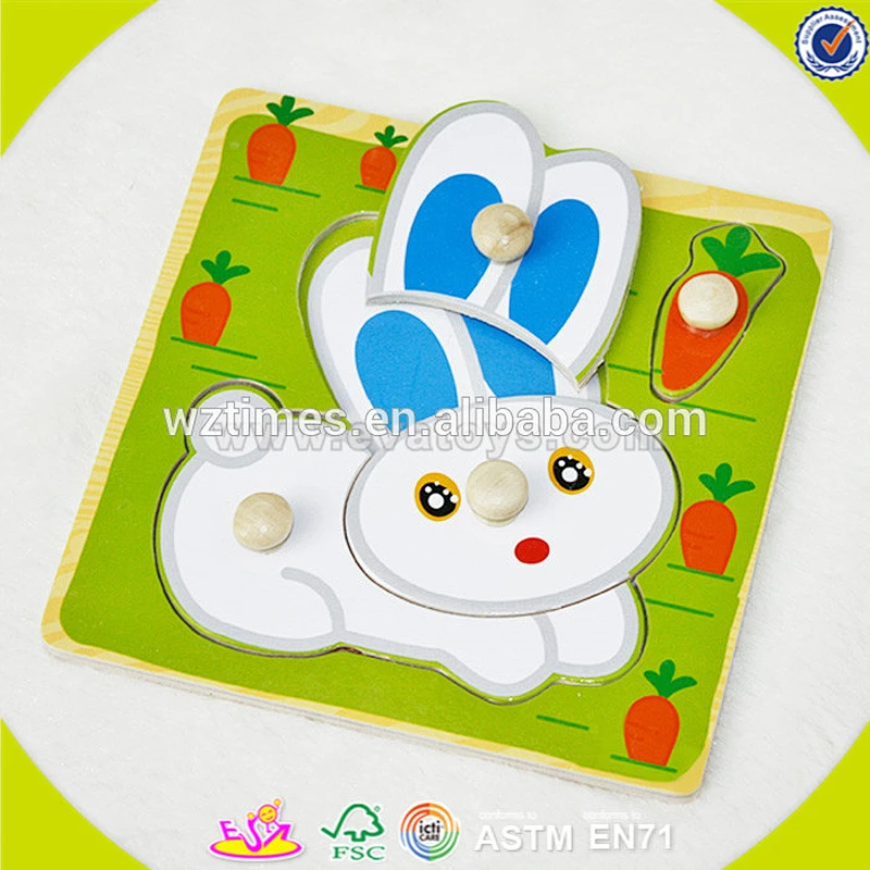 Wholesale lovely best gift rabbit pattern jigsaw toy wooden peg puzzle for children W14M069