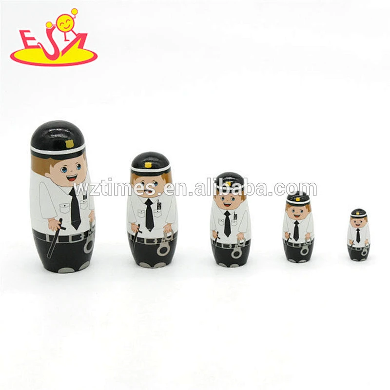 Wholesale best birthday gift for kids policemen design wooden toy 5 pcs nesting doll W06D093