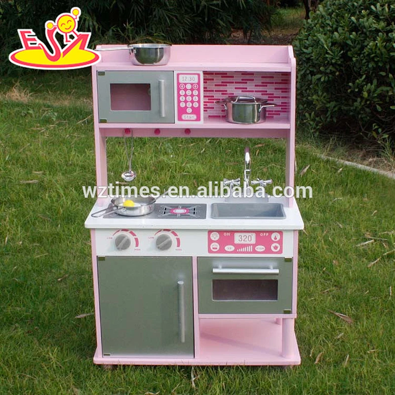 top quality play simulation wooden toy kitchen with stainless steel accessories W10C103