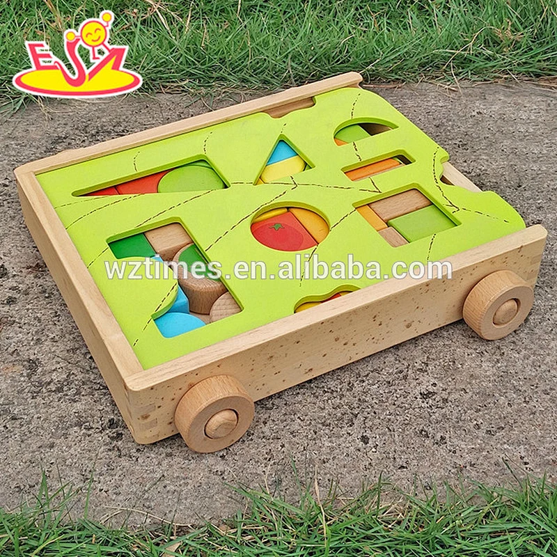 2018 wholesale wooden best building blocks for toddlers, pull car designed wooden best building blocks for toddlers W13C033