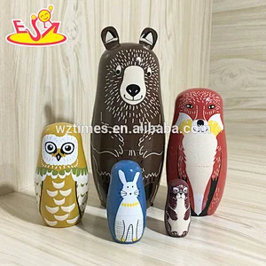 2018 Wholesale diy matryoshkas 5 pcs wooden animal russian doll for kids W06D104
