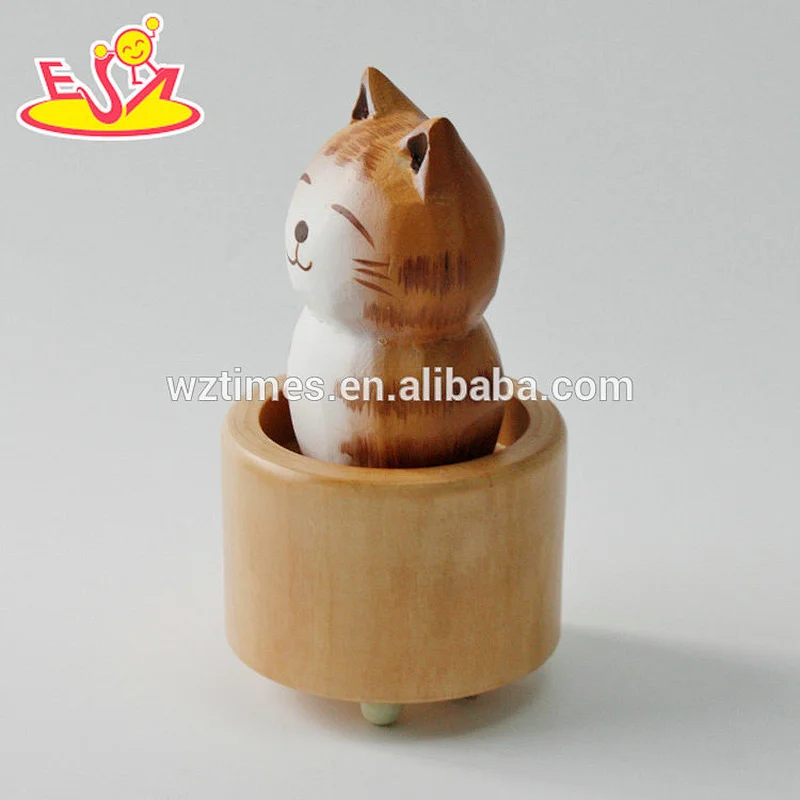 Wholesale promotional cute table top wooden cat music box as gift for kids W07B059