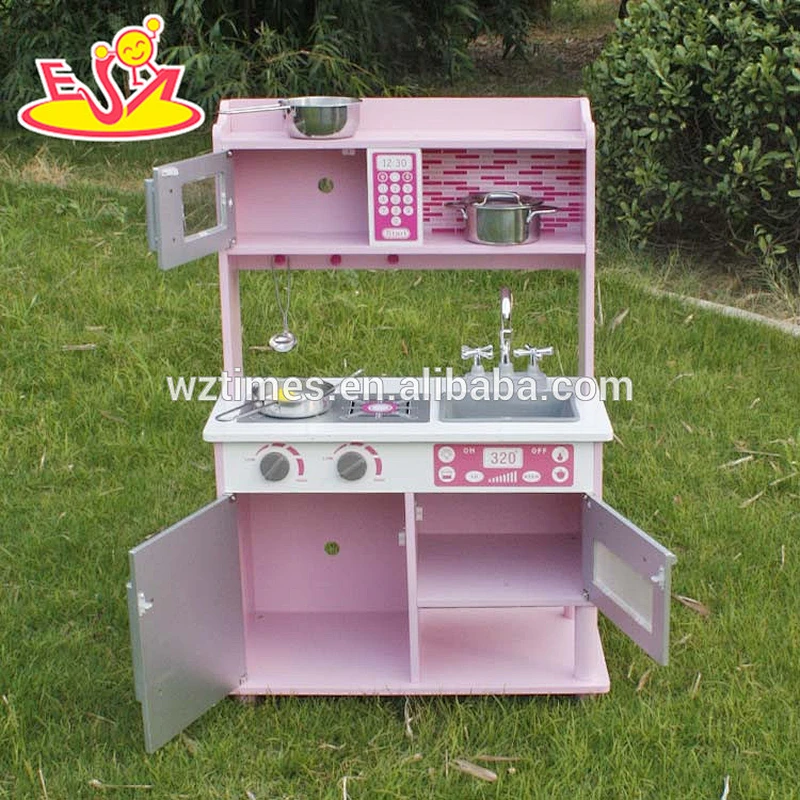 top quality play simulation wooden toy kitchen with stainless steel accessories W10C103