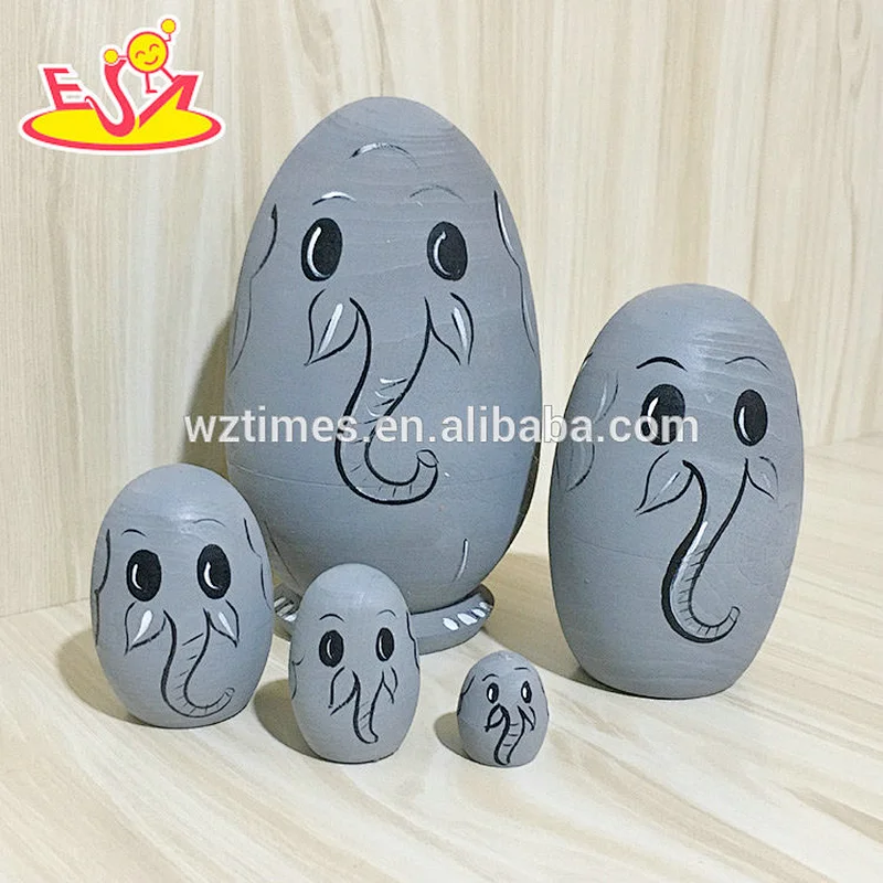2018 Wholesale simple elephant design 5 pcs wooden nesting dolls russian for child W06D108