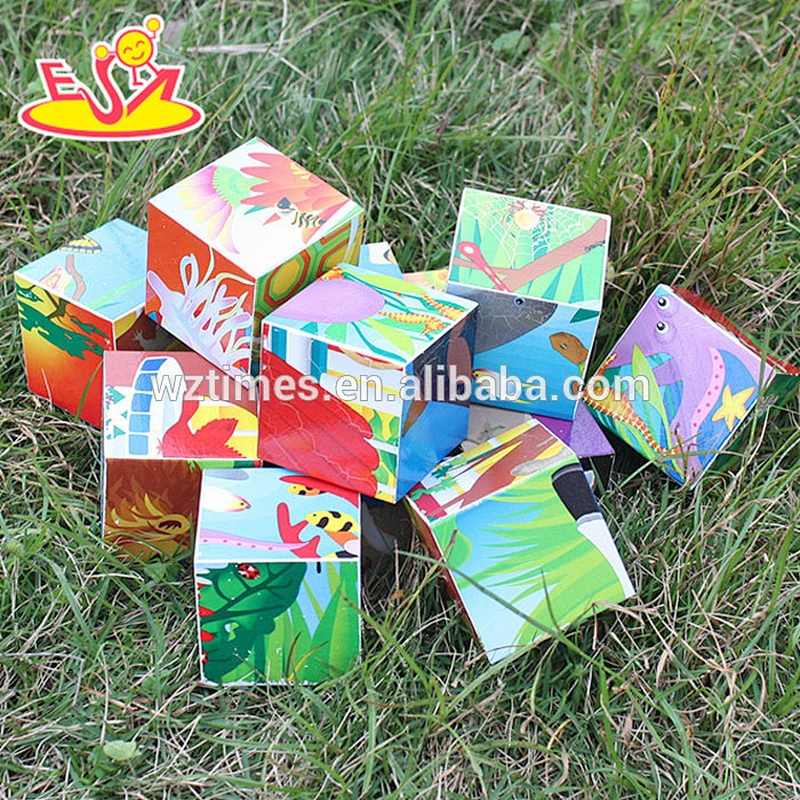 Wholesale interesting wooden cartoon pattern cube jigsaw puzzle toy for kids W14F045