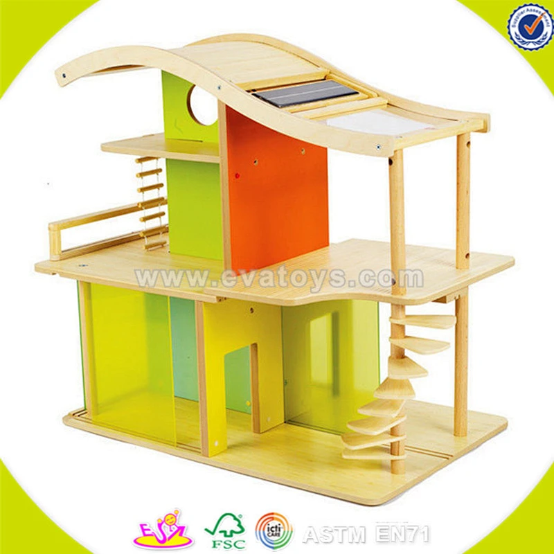 Wholesale fashion new large wooden dollhouse toy colorful kids wooden dollhouse high quality play wooden dollhouse W06A050