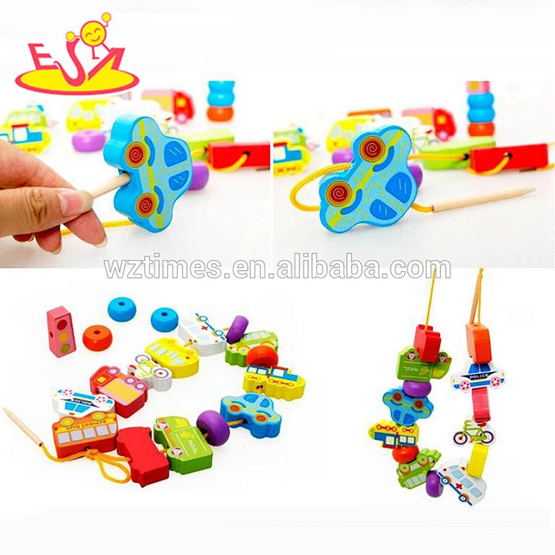 Holzblockspielzeugauto des Großhandelsmode-Babys für das Einfädeln W11E048