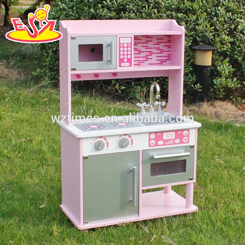 top quality play simulation wooden toy kitchen with stainless steel accessories W10C103