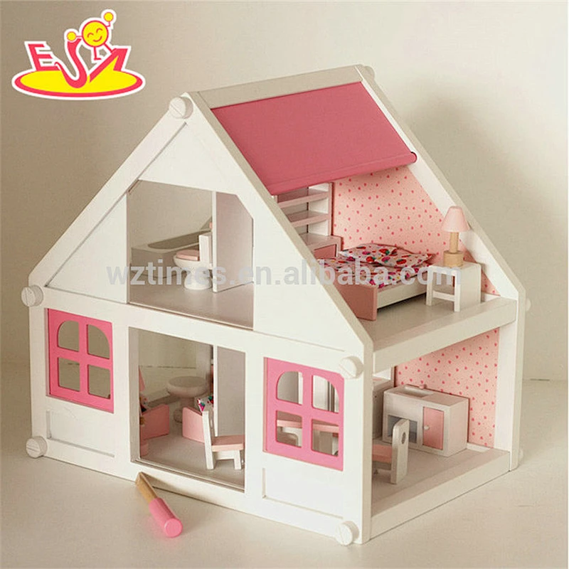 Nueva llegada de la casa de muñecas de madera rosa con muebles W06A319
