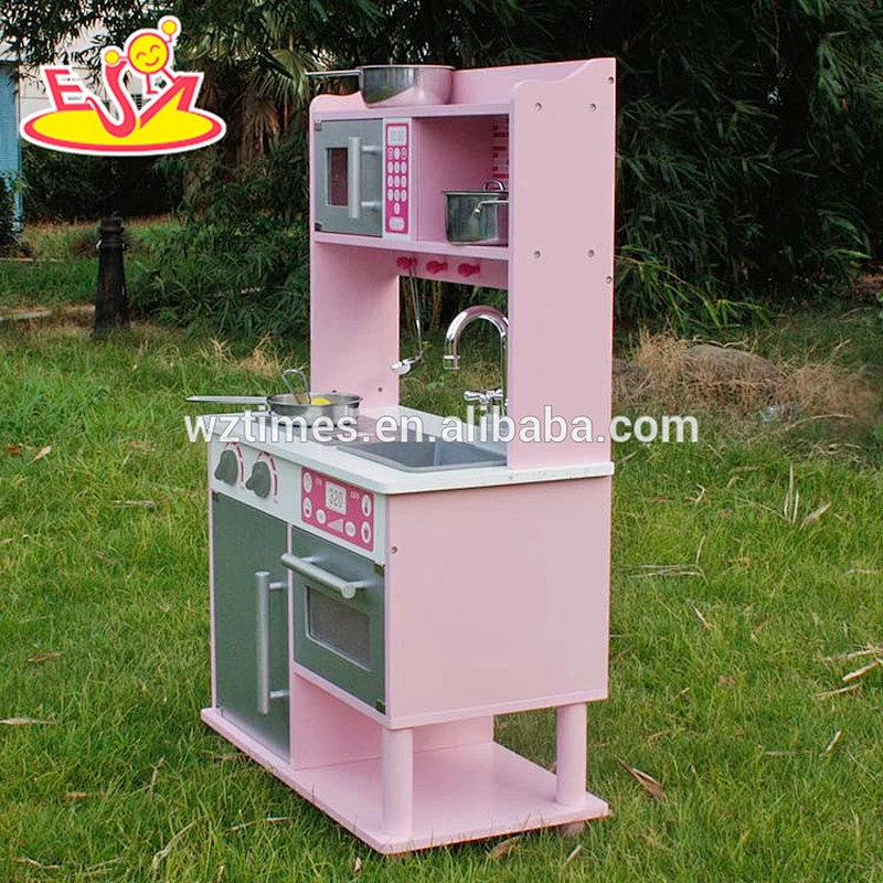 top quality play simulation wooden toy kitchen with stainless steel accessories W10C103