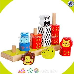 Juguete de bloques de apilamiento de animales al por mayor, juguete de bloques de apilamiento de animales de madera barato, bloques de apilamiento de juguetes educativos W13D064