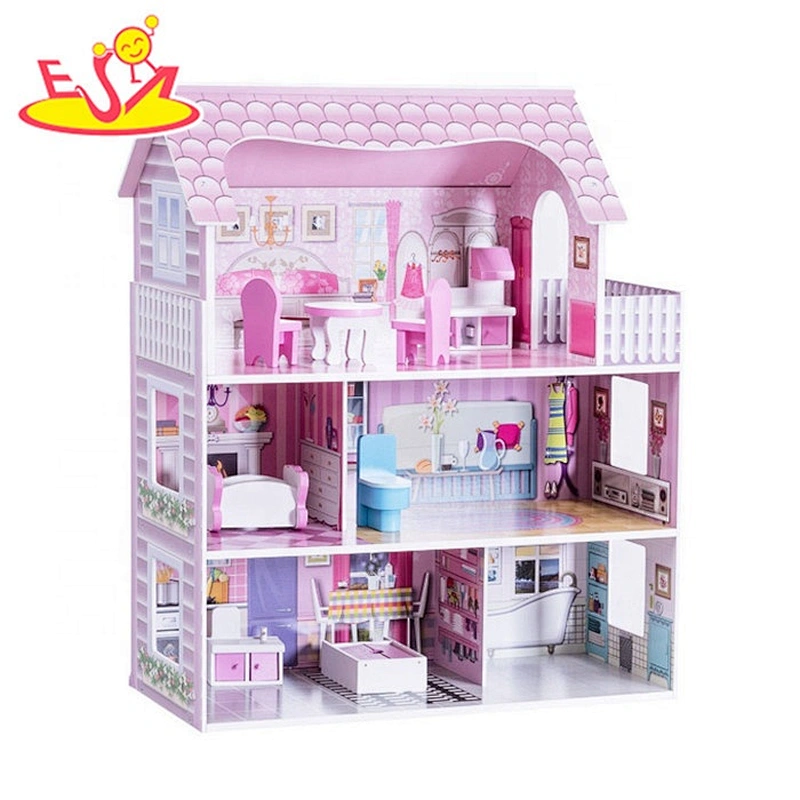 2018 New design pink wooden doll playhouse for pretend play W06A356