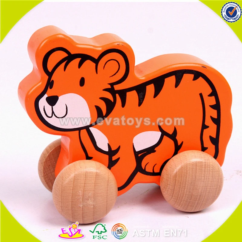 wholesale tiger shape wooden kids drag toy, fashion kids wooden drag toy, popular tiger kids wooden drag toy W05B077