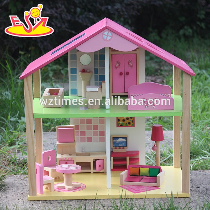 Großhandel 2 Etagen Mädchen Holz Puppenhaus Kits beste Design Kinder Holz Puppenhaus Kits W06A165-S