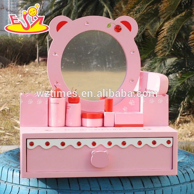Wholesale girls toy dressing table wooden dress up games in pink W08H077