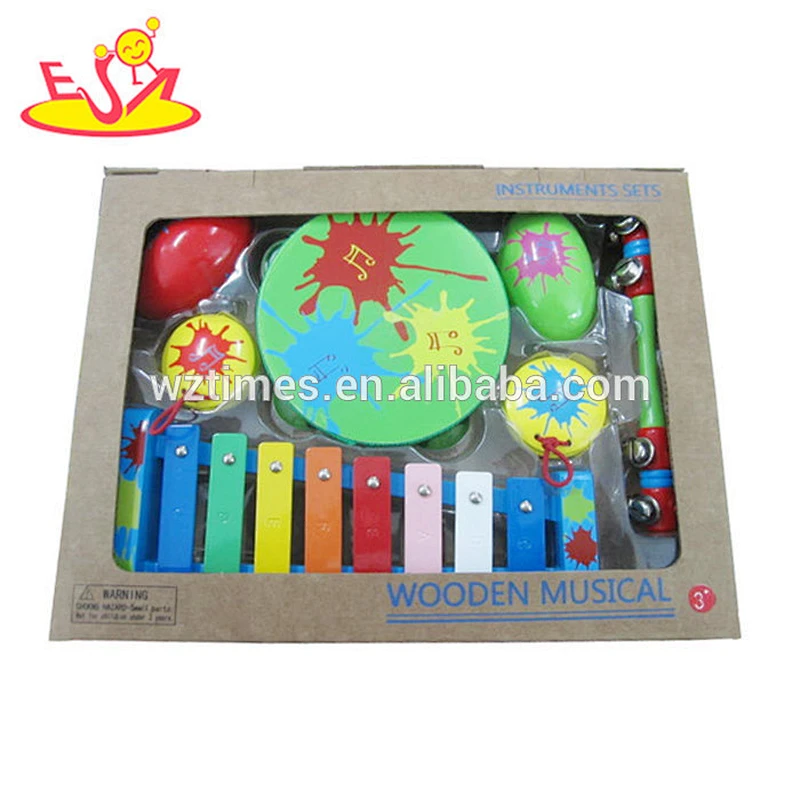 Wholesale popular wooden kids musical toy with flute hand drum and mouth organ W07A033