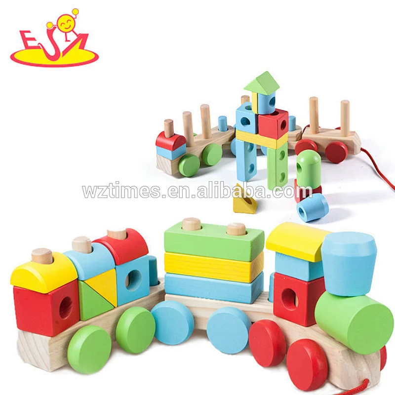 Wholesale wonderful wooden pulling toy and building blocks train for toddlers W05C091