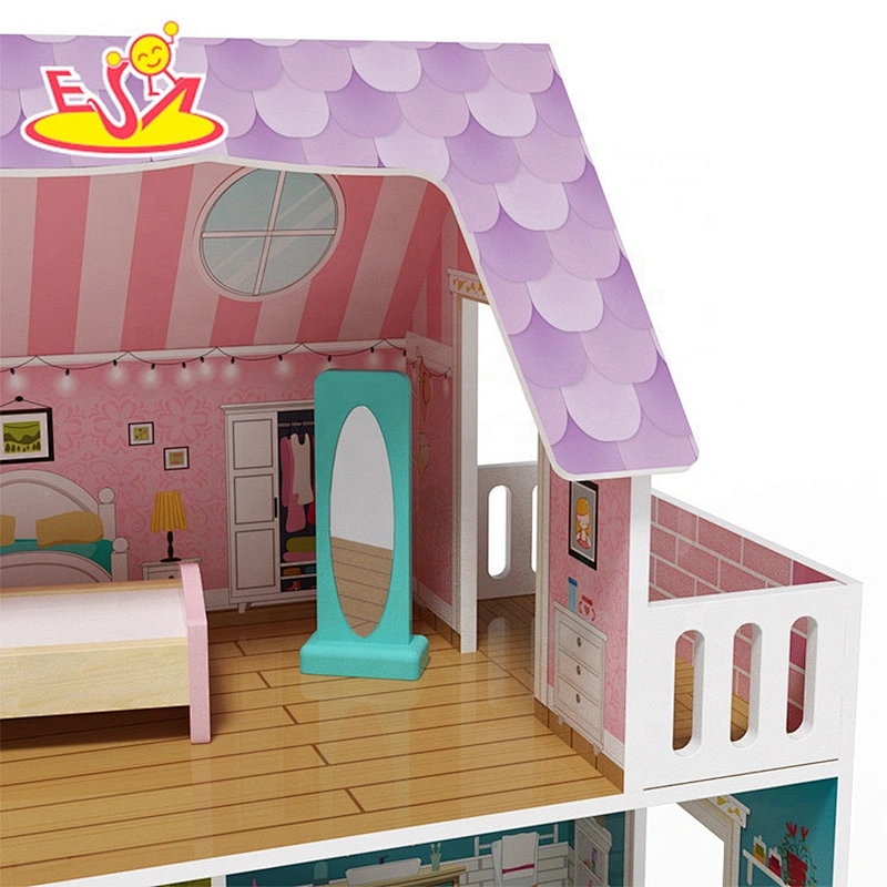 Best design ligthed wooden doll house set with garden W06A381
