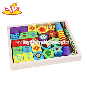 Hölzernes fädelndes Spielzeug des Großhandelsmultifunktionstierblocks für Kleinkinder W11E074