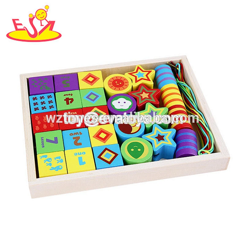 Hölzernes fädelndes Spielzeug des Großhandelsmultifunktionstierblocks für Kleinkinder W11E074