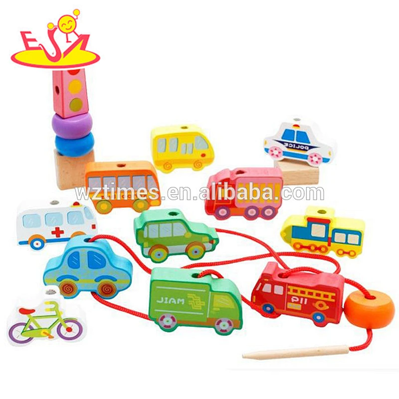 Holzblockspielzeugauto des Großhandelsmode-Babys für das Einfädeln W11E048