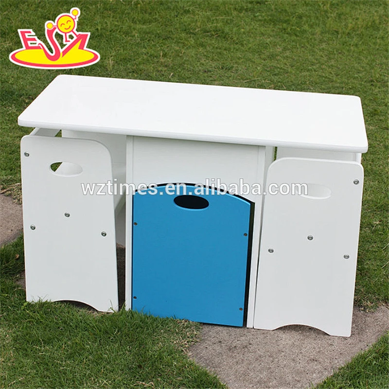 2018 new design home / school / kindergarten white wooden toddler activity table with storage box W08G193
