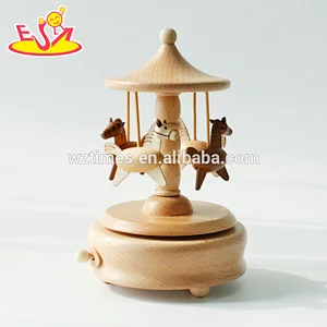wholesale customized kids natural color wooden carousel music box for sale W07B039