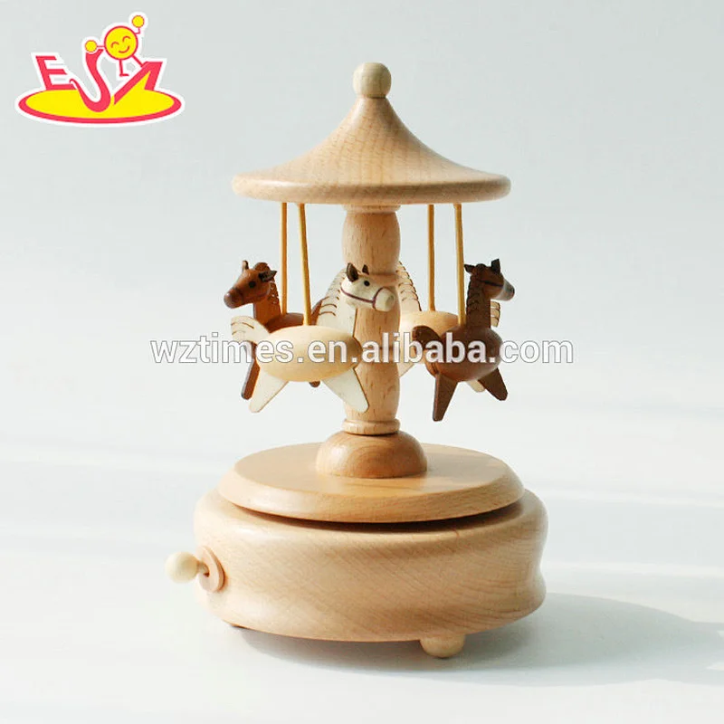 wholesale customized kids natural color wooden carousel music box for sale W07B039