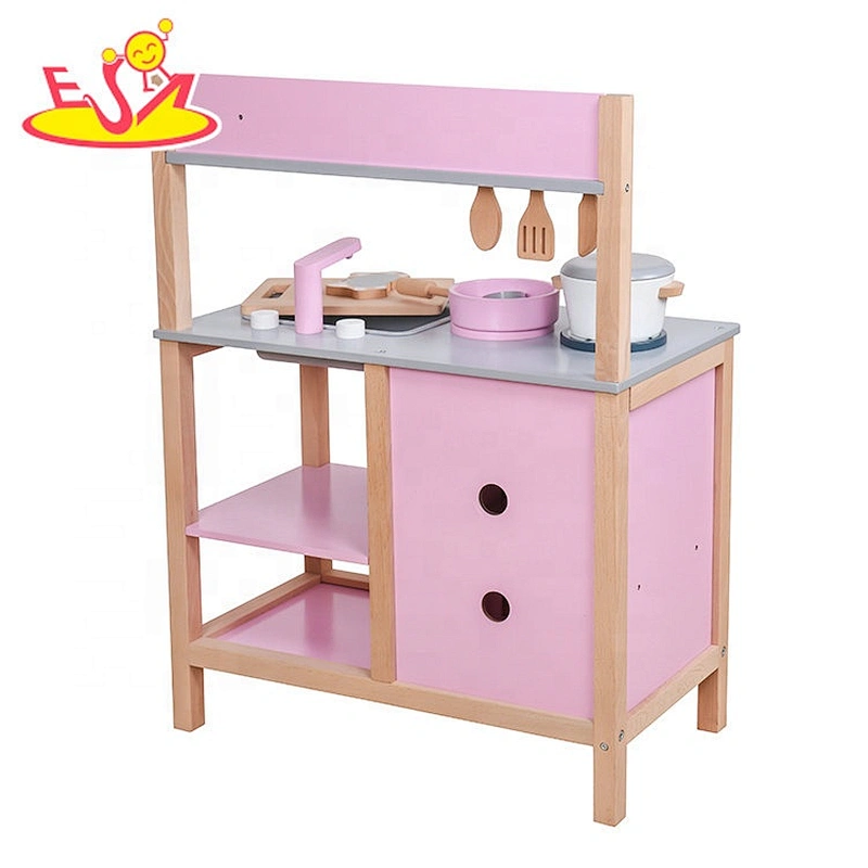 2019 New design girs wooden pink toy kitchen for pretend play W10C457C