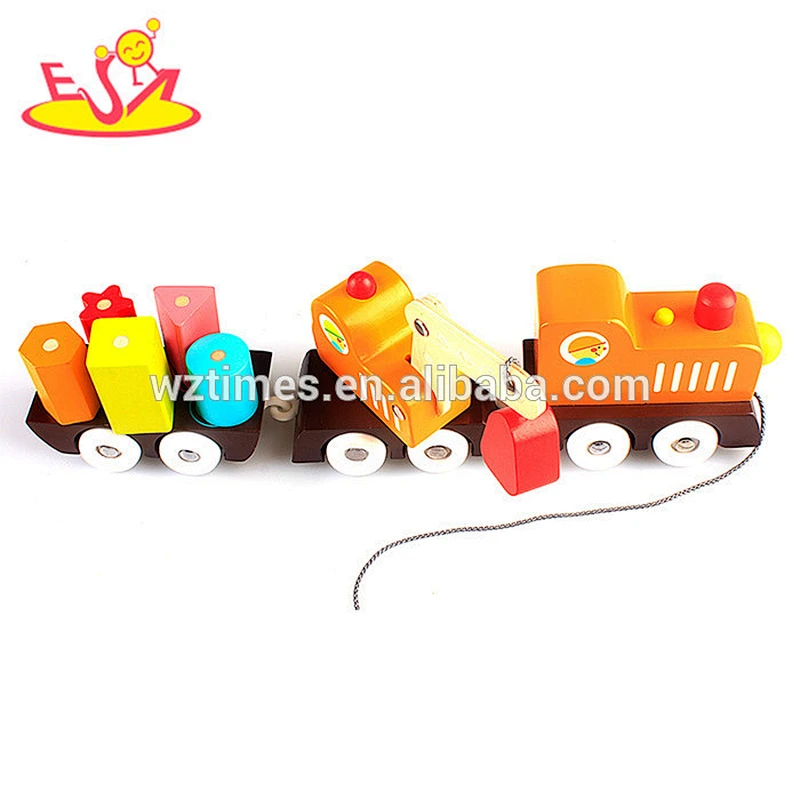 Wholesale high quality wooden diy pull building blocks train toy bring fun for kids W05C039