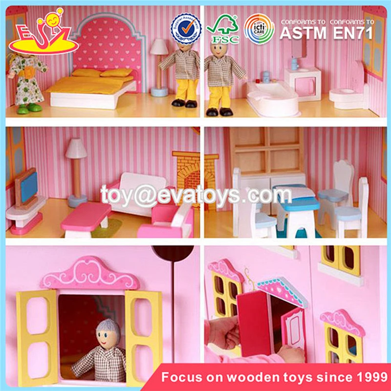 wholesale pink delicate kids wooden dollhouse beautiful children wooden chic dollhouse for sale W06A029