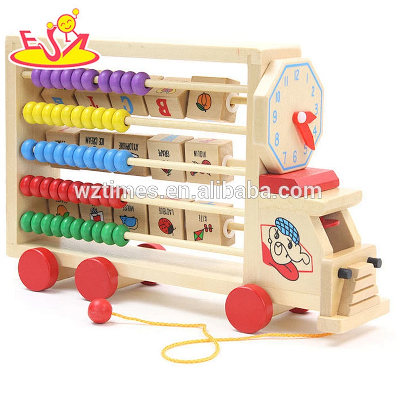 Wholesale early learning wooden abacus alphabet truck toy with clock for baby W12C008
