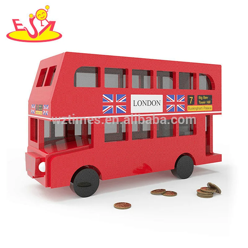 New design red bus wooden kids coin bank for saving money W02A284