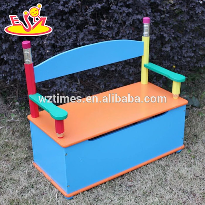 Wholesale cute baby wooden storage bench with handrail used in home or playground W08C061