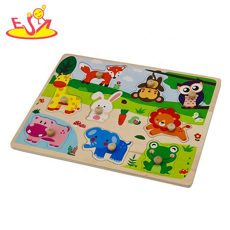 2019 New design kids cartoon wooden animal puzzle with knob W14M153